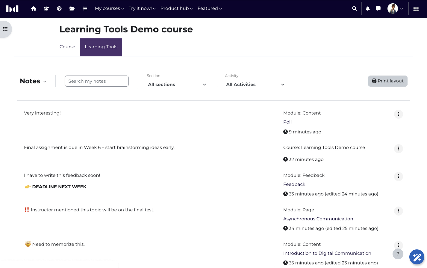 Learning Tools Course interface